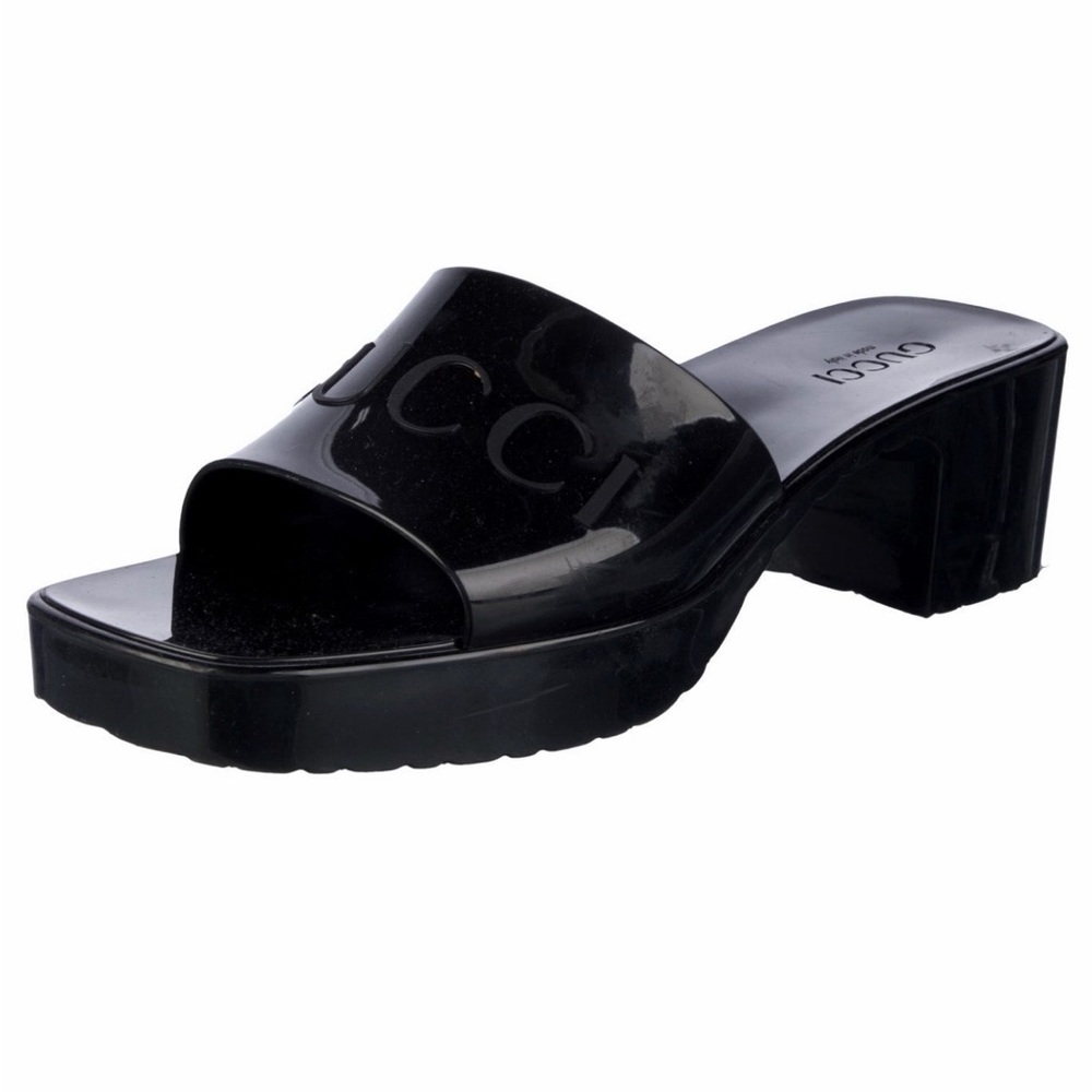 Gucci Glossy Black Embossed Logo Slide Sandals - Picture 2 of 4